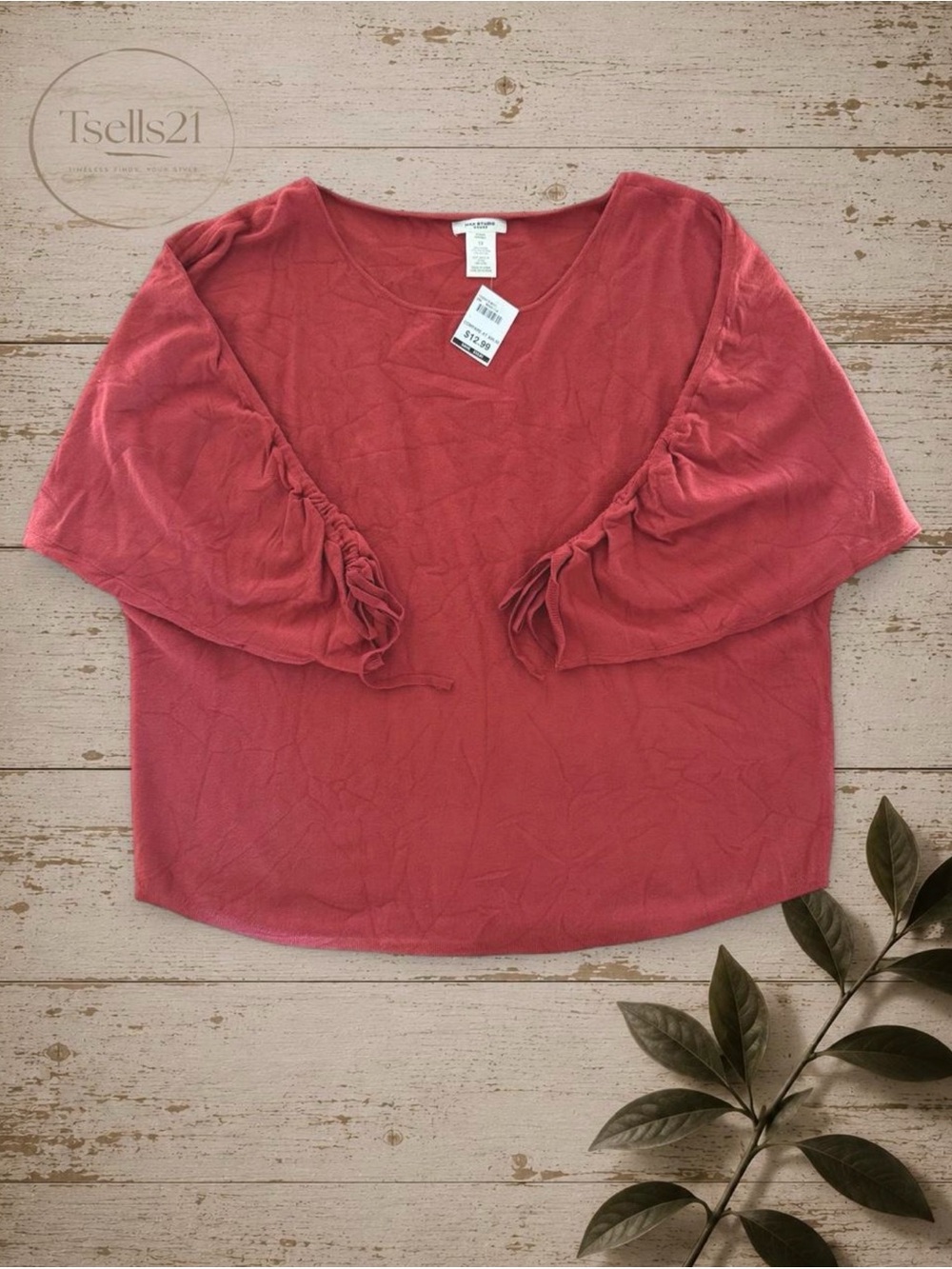 NWT Max Studio Reddish-Orange Ruched Sleeve Top - Size 1X